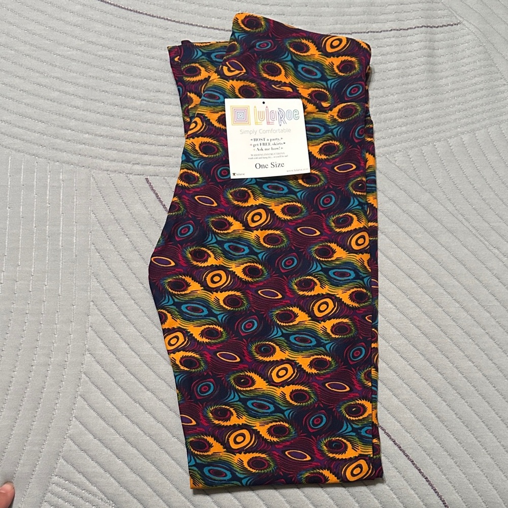 LuLaRoe Peacock Feather Print Leggings - Purple, Yellow, Blue